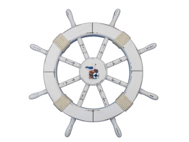 Rustic White Decorative Ship Wheel with Seagull and Lifering 18