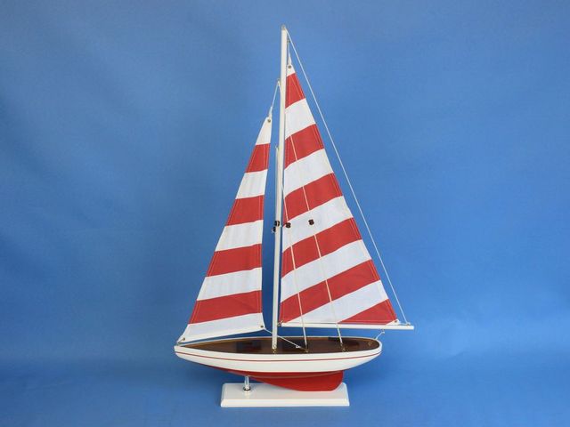 Wooden Red Striped Pacific Sailer Model Sailboat Decoration 25""
