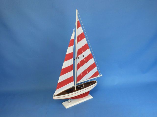 Wooden Red Striped Pacific Sailer Model Sailboat Decoration 25""
