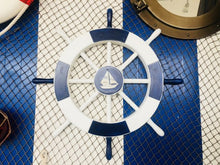 Load image into Gallery viewer, Dark Blue and White Decorative Ship Wheel with Sailboat 18&quot;