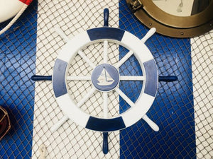 Dark Blue and White Decorative Ship Wheel with Sailboat 18&quot;