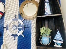 Load image into Gallery viewer, Dark Blue and White Decorative Ship Wheel with Sailboat 18&quot;