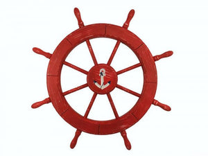 Wooden Rustic Red Decorative Ship Wheel With Anchor 30""