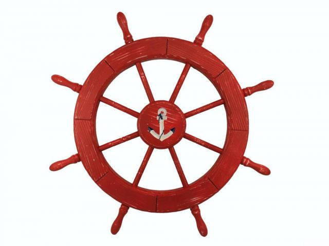 Wooden Rustic Red Decorative Ship Wheel With Anchor 30