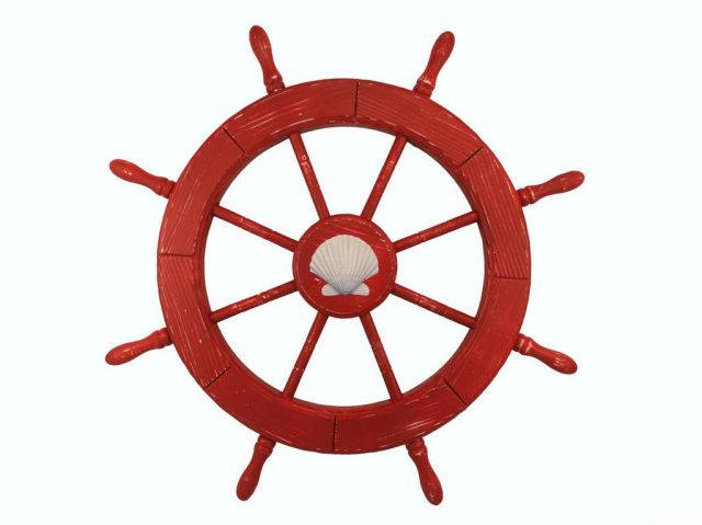 Wooden Rustic Red Decorative Ship Wheel With Seashell 30