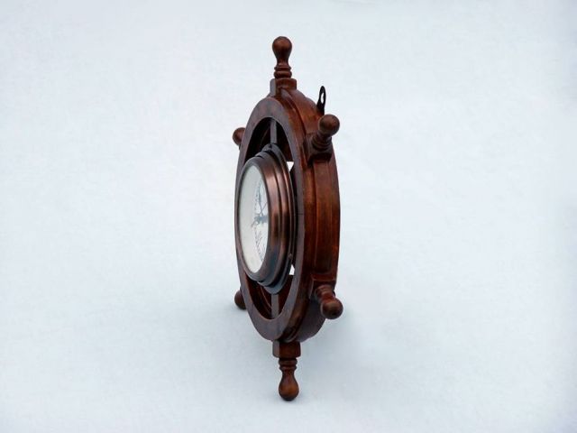 Deluxe Class Wood and Antique Copper Ship Steering Wheel Clock 12"