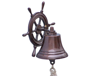 Antique Copper Hanging Ship Wheel Bell 7"