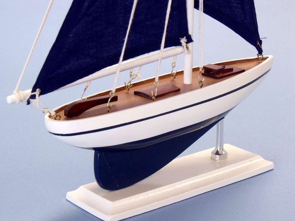 Wooden Blue Pacific Sailer with Blue Sails Model Sailboat Decoration 17""