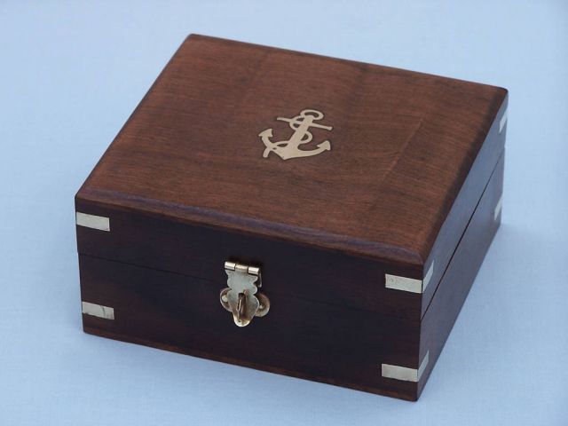 Antique Copper Round Sundial Compass with Rosewood Box 6"