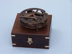 Antique Copper Round Sundial Compass with Rosewood Box 6"