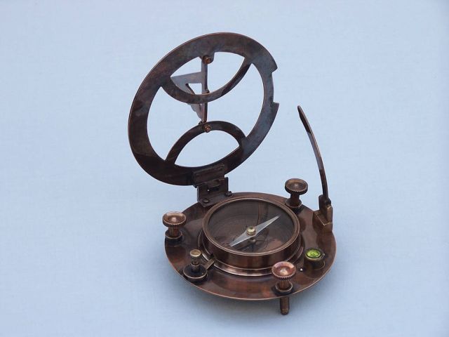 Antique Copper Round Sundial Compass with Rosewood Box 6"