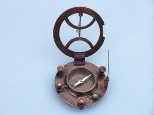 Antique Copper Round Sundial Compass with Rosewood Box 6"