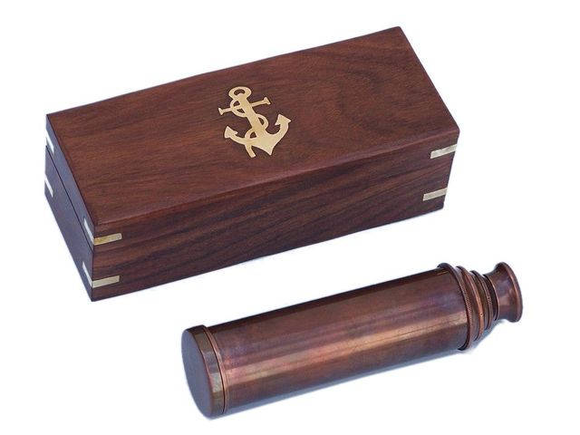 Deluxe Class Captain's Antique Copper Spyglass Telescope 15" with Rosewood Box