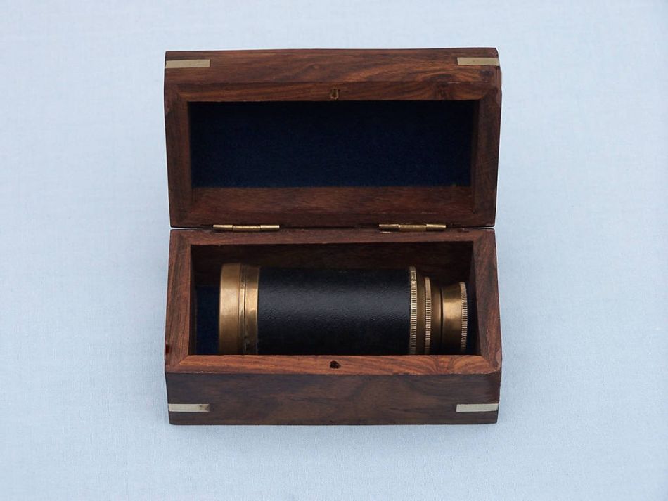 Deluxe Class Scout's Antique Brass Leather Spyglass Telescope 7"" with Rosewood Box