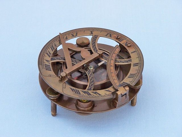Antique Brass Round Sundial Compass with Rosewood Box 6"