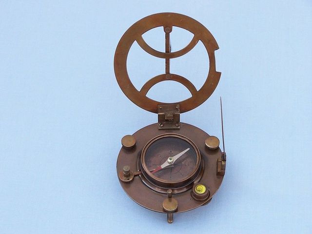 Antique Brass Round Sundial Compass with Rosewood Box 6"