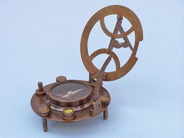 Antique Brass Round Sundial Compass with Rosewood Box 6"