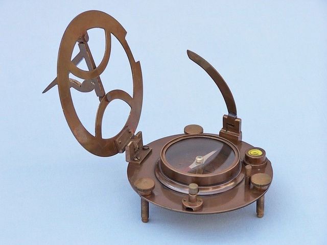 Antique Brass Round Sundial Compass with Rosewood Box 6"