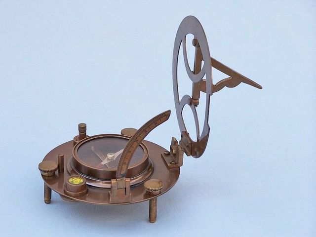Antique Brass Round Sundial Compass with Rosewood Box 6"