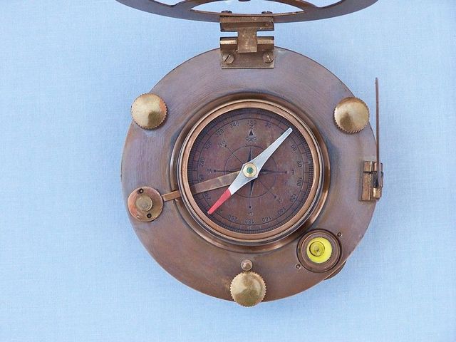Antique Brass Round Sundial Compass with Rosewood Box 6"