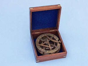 Antique Brass Round Sundial Compass with Rosewood Box 6"