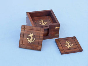 Wooden Anchor Coasters With Rosewood Holder 4&quot; - Set of 6
