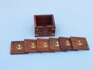 Wooden Anchor Coasters With Rosewood Holder 4&quot; - Set of 6