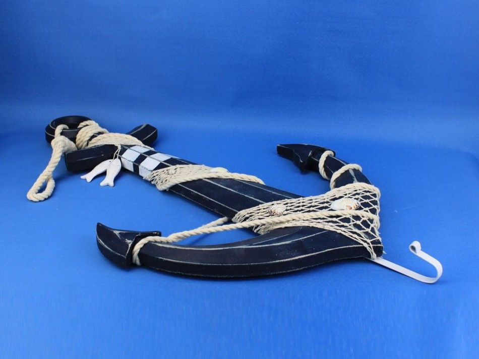 Wooden Rustic Blue Decorative Anchor w/ Hook Rope and Shells 24"