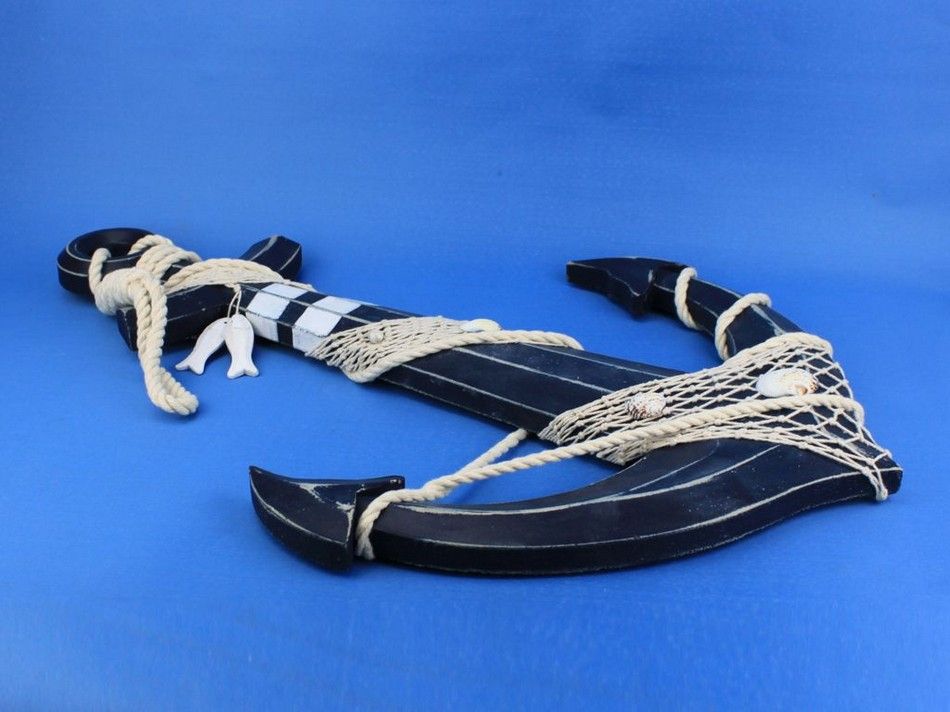 Wooden Rustic Blue Decorative Anchor w/ Hook Rope and Shells 24"