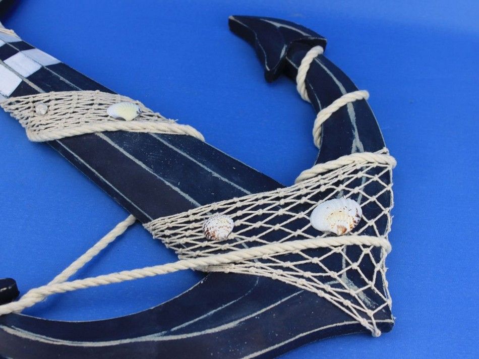 Wooden Rustic Blue Decorative Anchor w/ Hook Rope and Shells 24"