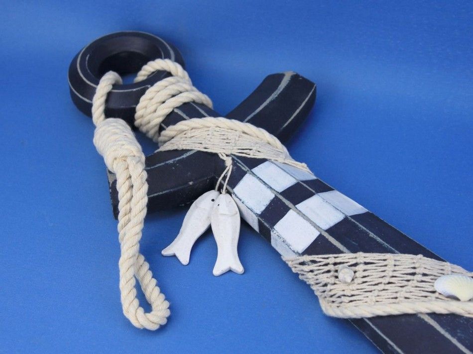 Wooden Rustic Blue Decorative Anchor w/ Hook Rope and Shells 24"