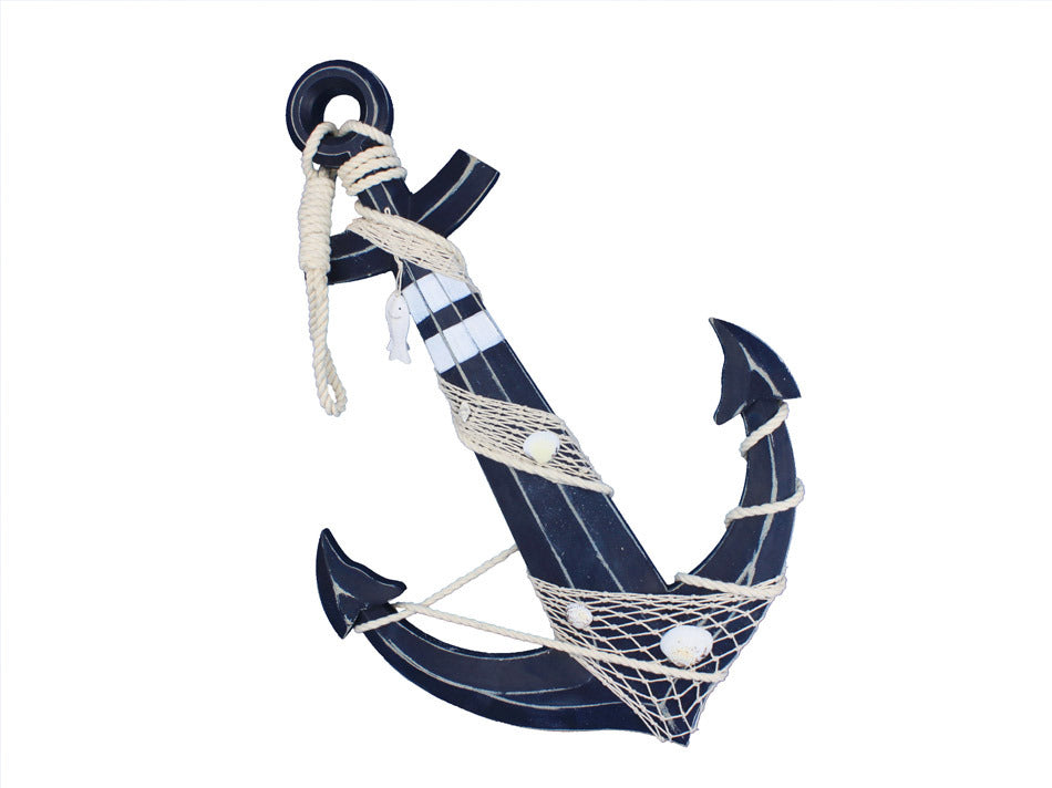 Wooden Rustic Blue Decorative Anchor w/ Hook Rope and Shells 24"