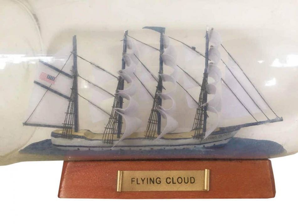 Blue Flying Cloud Ship in a Glass Bottle 11"