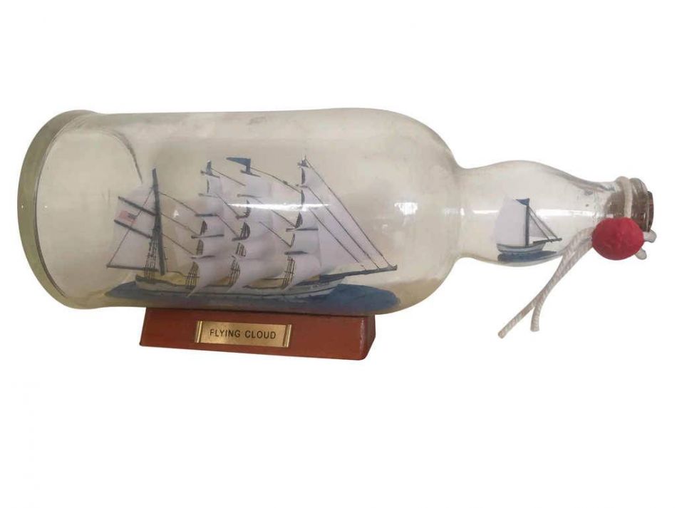 Blue Flying Cloud Ship in a Glass Bottle 11"
