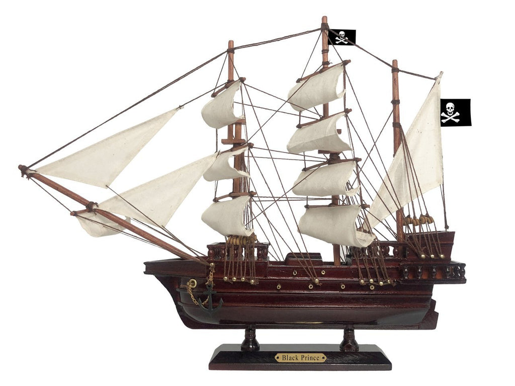 Wooden Ben Franklin's Black Prince White Sails Pirate Ship Model 20"