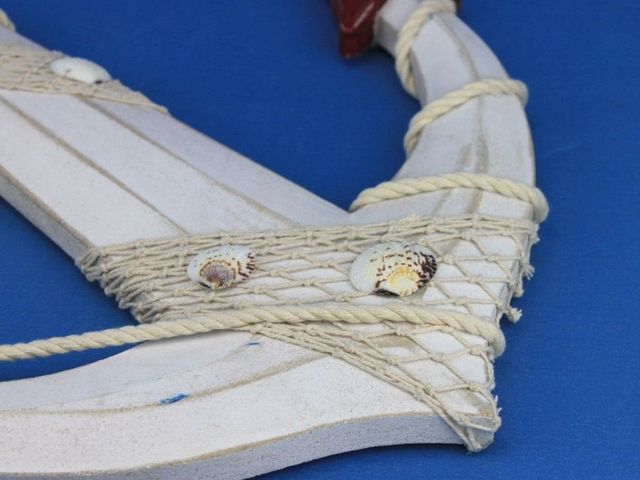 Wooden Rustic Red/White Decorative Anchor w/ Hook Rope and Shells 24""