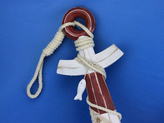 Wooden Rustic Red/White Decorative Anchor w/ Hook Rope and Shells 24""