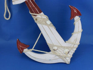 Wooden Rustic Red/White Decorative Anchor w/ Hook Rope and Shells 24""