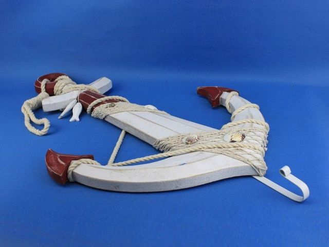 Wooden Rustic Red/White Decorative Anchor w/ Hook Rope and Shells 24""