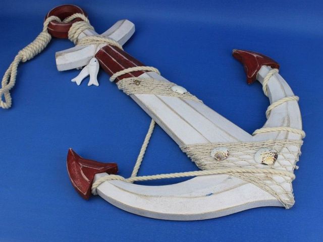 Wooden Rustic Red/White Decorative Anchor w/ Hook Rope and Shells 24""