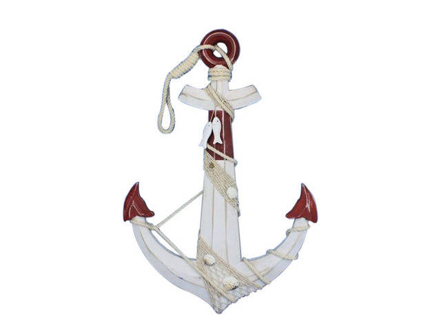 Wooden Rustic Red/White Decorative Anchor w/ Hook Rope and Shells 24""