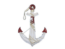 Load image into Gallery viewer, Wooden Rustic Red/White Decorative Anchor w/ Hook Rope and Shells 24&quot;&quot;