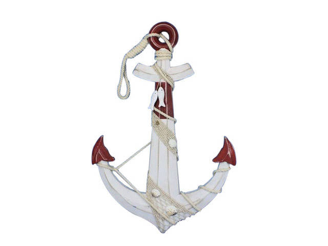 Wooden Rustic Red/White Decorative Anchor w/ Hook Rope and Shells 24