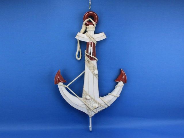 Wooden Rustic Red/White Decorative Anchor w/ Hook Rope and Shells 24""