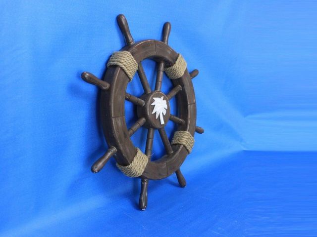 Rustic Wood Finish Decorative Ship Wheel with Palm Tree 18