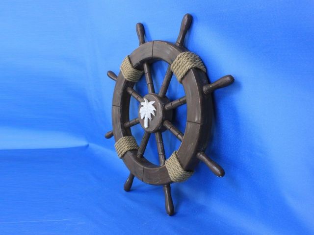 Rustic Wood Finish Decorative Ship Wheel with Palm Tree 18