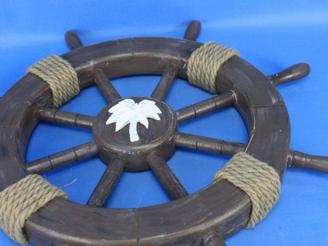 Rustic Wood Finish Decorative Ship Wheel with Palm Tree 18
